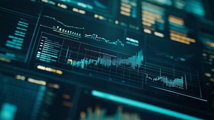 Fototapeta premium 62.A close-up view of a digital financial dashboard displaying multiple graphs and charts with fluctuating lines in blue and green tones. Data points are marked on the graphs, showing real-time