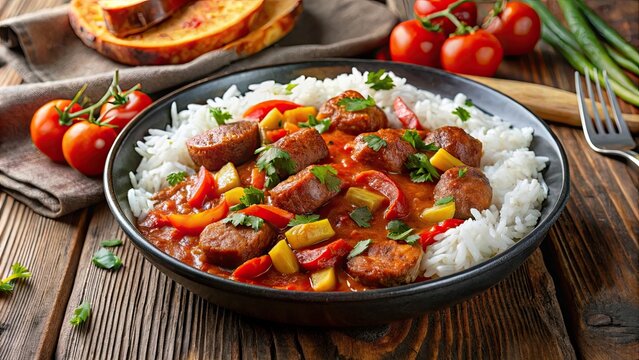 Traditional Reunionese dish of rougail saucisse served with fragrant basmati rice, Reunion, cuisine, spicy, sausage, Creole, dish