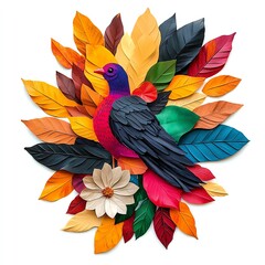 Obraz premium Colorful bird among vibrant leaves and flowers on a white isolated background.
