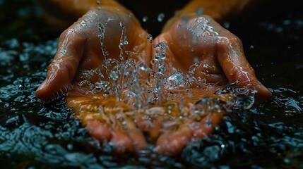 Fototapeta premium Close-up of Hands Splashing Water: A Study in Motion and Texture