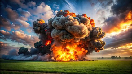 Massive explosion on open field with fireball and thick smoke , explosion, air strike, cluster bomb, phosphorus, debris