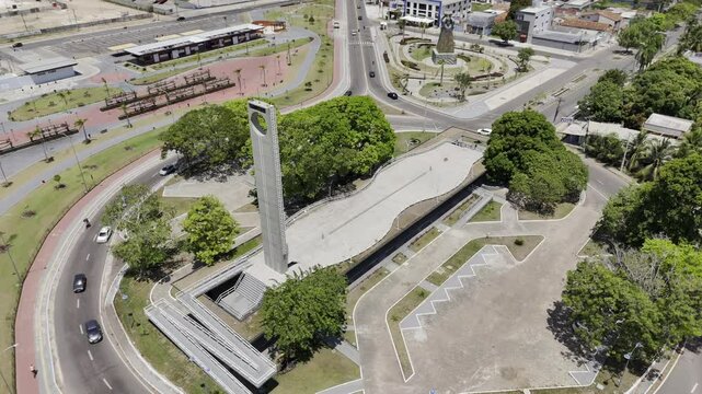 Drone orbits Marco Zero do Equador monument next to Parque do Meio do Mundo at a high angle in Macap&aacute;, Amap&aacute;, Brazil