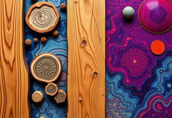 Fototapeta premium Picture Showing Wooden elements combined with psychedelic patterns.