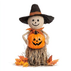 Cheerful scarecrow with pumpkin and autumn leaves, isolated on white background.