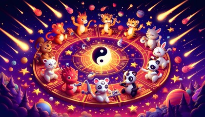 A playful theme showcasing the twelve zodiac animals in a vibrant 3D rendered style. Cartoon versions of zodiac animals (like dragons, tigers, and rabbits)