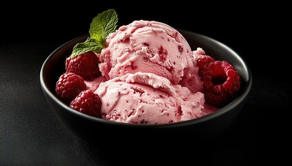 Two scoops of pink raspberry ice cream topped with fresh raspberries and a mint sprig, served in a black bowl against a black background.