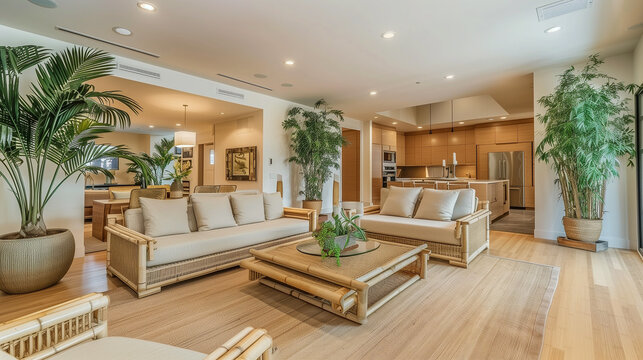 Living room with sustainable bamboo furniture, large potted plants, and neutral tones, creating a serene, nature-inspired space with eco-friendly decor.