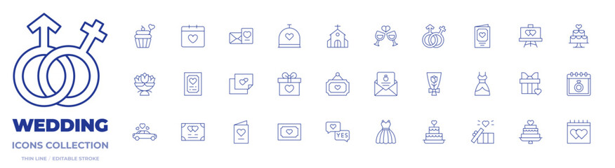 Wedding icons collection. Thin Line icons, editable stroke. invitation, romantic date, love letter, love, pictures, wedding, wedding dinner, wedding invitation, weddings, bouquet, cupcake
