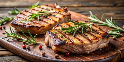 Grilled pork chops garnished with fresh rosemary , food, grilled, pork, chops, meat, barbecue, delicious, tasty, meal, dinner