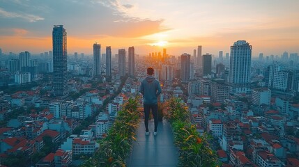 Naklejka premium A lone man stands on a rooftop overlooking a cityscape at sunrise.