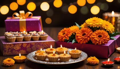 Fototapeta premium festive display of Indian sweets, lit diyas, marigold flowers, and a gift box, with a blurred background and bokeh lights enhancing the celebratory atmosphere.