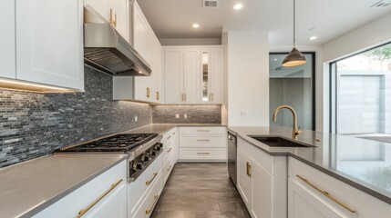 Fototapeta premium Modern Kitchen Interior with White Cabinets, Gold Hardware, and Black Tile Backsplash