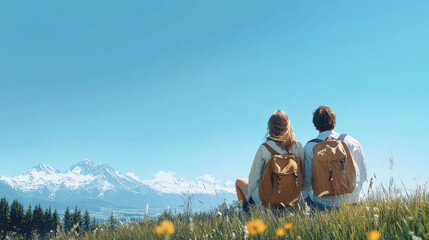 Couple enjoying scenic view together, sitting on grassy hill with backpacks, surrounded by mountains and clear blue sky. Their moment reflects tranquility and connection