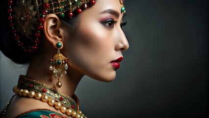 Fototapeta premium Elegance and Tradition – Woman Adorned in Exquisite Jewellery. Copy Space