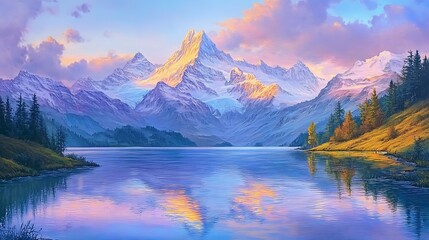Majestic Mountain Range Reflected in a Tranquil Lake at Sunset
