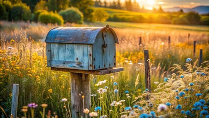 A rustic mailbox stands tall amidst a field of wildflowers bathed in the golden glow of a setting sun.