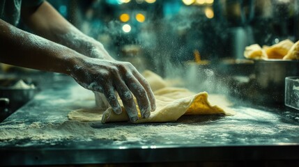 A chef's hands knead and fold dough on a floured surface, creating a cloud of flour dust.