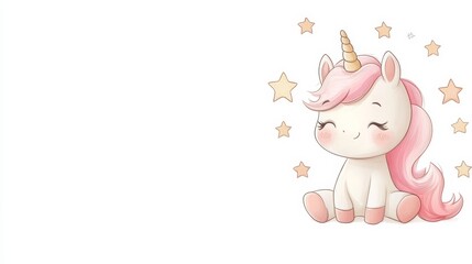 Cute pinkhaired unicorn with sparkling stars, a whimsical fantasy illustration for magical dreams