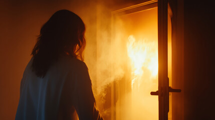 woman stands in room, facing doorway engulfed in flames, smoke billowing around her, evoking sense of urgency and fear
