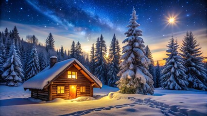 A cozy cabin nestled amidst a snowy forest, illuminated by the warm glow of its windows, under a breathtaking night sky adorned with stars and a luminous moon.