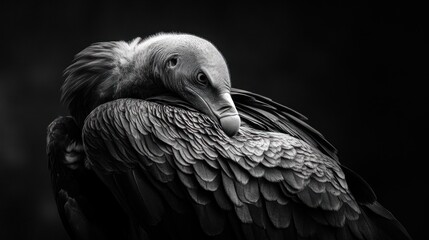 A black and white portrait of a vulture resting its head on its wings.