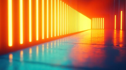 Fototapeta premium A long, empty corridor with orange neon lights lining the walls and reflecting in the concrete floor.