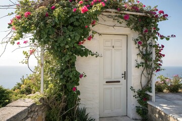 Fototapeta premium A white door with a floral climbing plant trained to grow up the frame, overflowing with leaves and flowers, outdoor decoration, trellis design