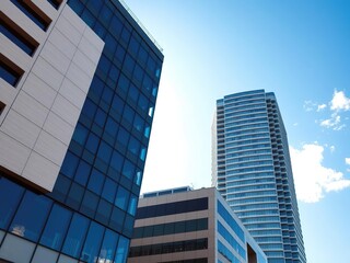 Obraz premium Contemporary office building in the background of a clear blue sky with few white clouds, architecture, contemporary, glass and steel
