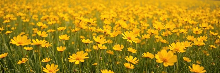 Obraz premium Field of golden cosmos flowers with a slight breeze, causing the delicate petals to sway gently, garden scene, floral arrangement