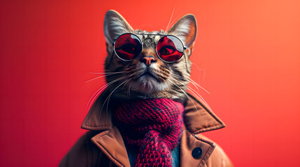 Cool looking cat wearing funky fashion dress - jacket, tie, sunglasses, plain colour background, stylish animal posing as supermodel