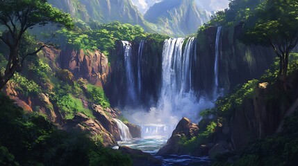 Majestic Waterfall Cascading Down Lush Green Cliffs in a Verdant Tropical Forest