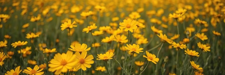 Obraz premium Field of golden cosmos flowers with a slight breeze, causing the delicate petals to sway gently, garden scene, wildflowers, natural beauty