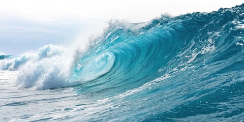 Ocean wave with blue water isolated on white background, sky, outdoors, marine life
