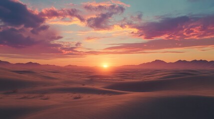 Fototapeta premium Beautiful desert sunset with glowing sky colors, peaceful and warm across the sandy landscape.