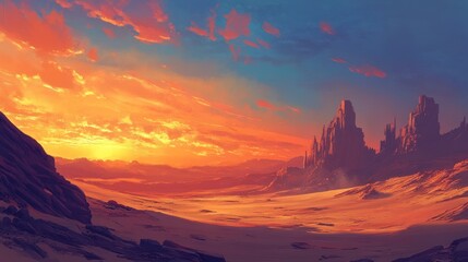 Beautiful sunset in the arid desert, with glowing sky colors reflecting on vast sand dunes and tranquil scenery.