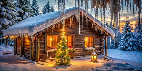 Fototapeta premium A Rustic Cabin Adorned with Icicles, Glowing with Warm Lights and the Spirit of the Season