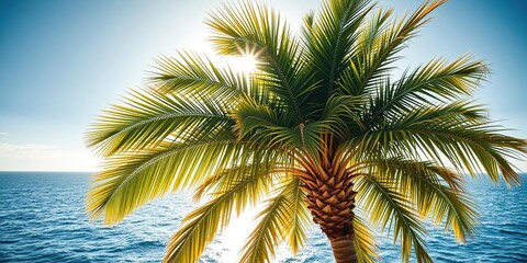 Palm tree with vibrant green leaves and trunks against a blue-gray ocean background with sunlight shining through the fronds, tropical, verdant