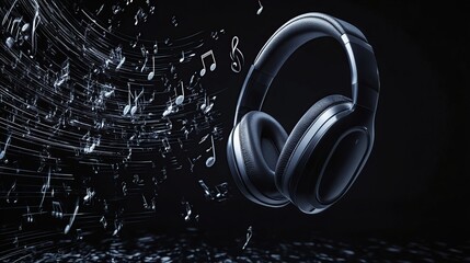 headphone with musical notes floating around with black background