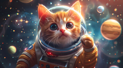 Cute cartoon cat astronaut with stars and planets in the background