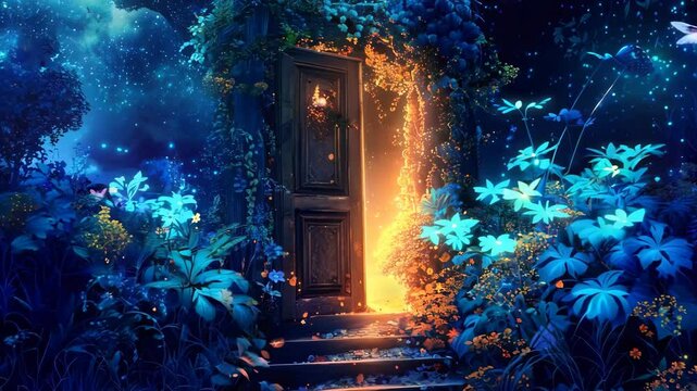 Enchanted fairy tale fantasy forest with glow magical secret door, shine light and flying butterfly in forest