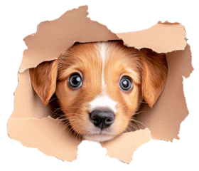 Cute puppy peeking through a torn piece of paper. Adorable pet with big eyes and playful expression. Perfect for pet-related projects.