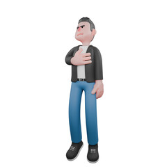 Illustrated Musician in 3D. A male musician stands while his right hand wash the chest. 3D Music Performer