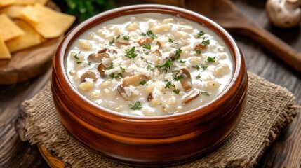 Creamy mushroom risotto soup in a bowl, garnished with parsley and parmesan cheese.