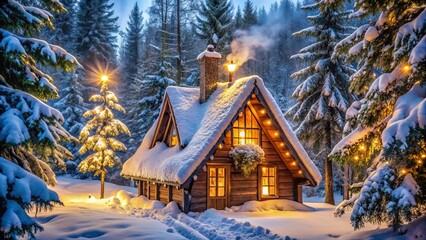Fototapeta premium A Cozy Cabin Nestled Amidst a Snowy Forest, Illuminated by Twinkling Lights and a Warm Glow Emitting from Within