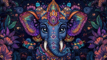 Fototapeta premium ganesha, mouse, throne, colorful, floral, portrait, illustration, detailed, smiling, eyes, face, full-body, hindu, deity, art, culture, divine, statue, spirituality, celebration, tradition, vibrant, 