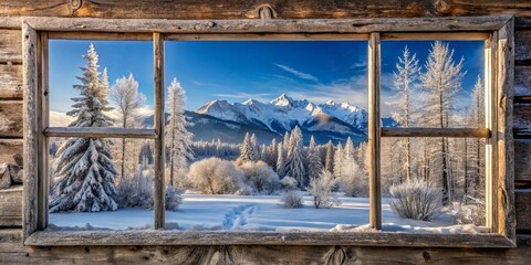 Fototapeta premium A Rustic Window Frame Reveals a Winter Wonderland, Where Snow-Covered Trees Stand Silently Before a Majestic Mountain Range.