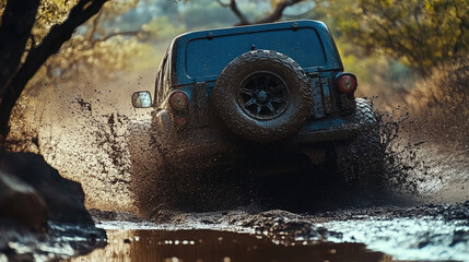 Off-road vehicle splashes mud while navigating a rugged trail in an outdoor adventure environment