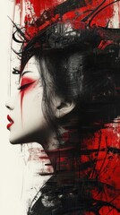 Asian woman with bold red and black abstract makeup, avant-garde style.