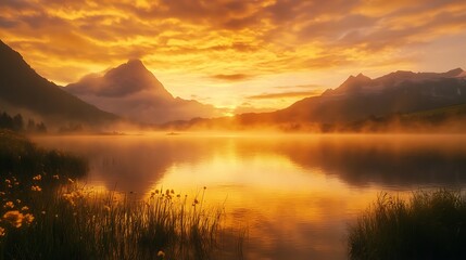 Misty Mountain Lake at Sunset with Golden Clouds