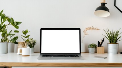 A white desk with a laptop, a mug, pens, and plants in a modern home office.